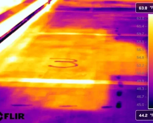 Infrared Image of a flat roof with a leak causing moisture retention